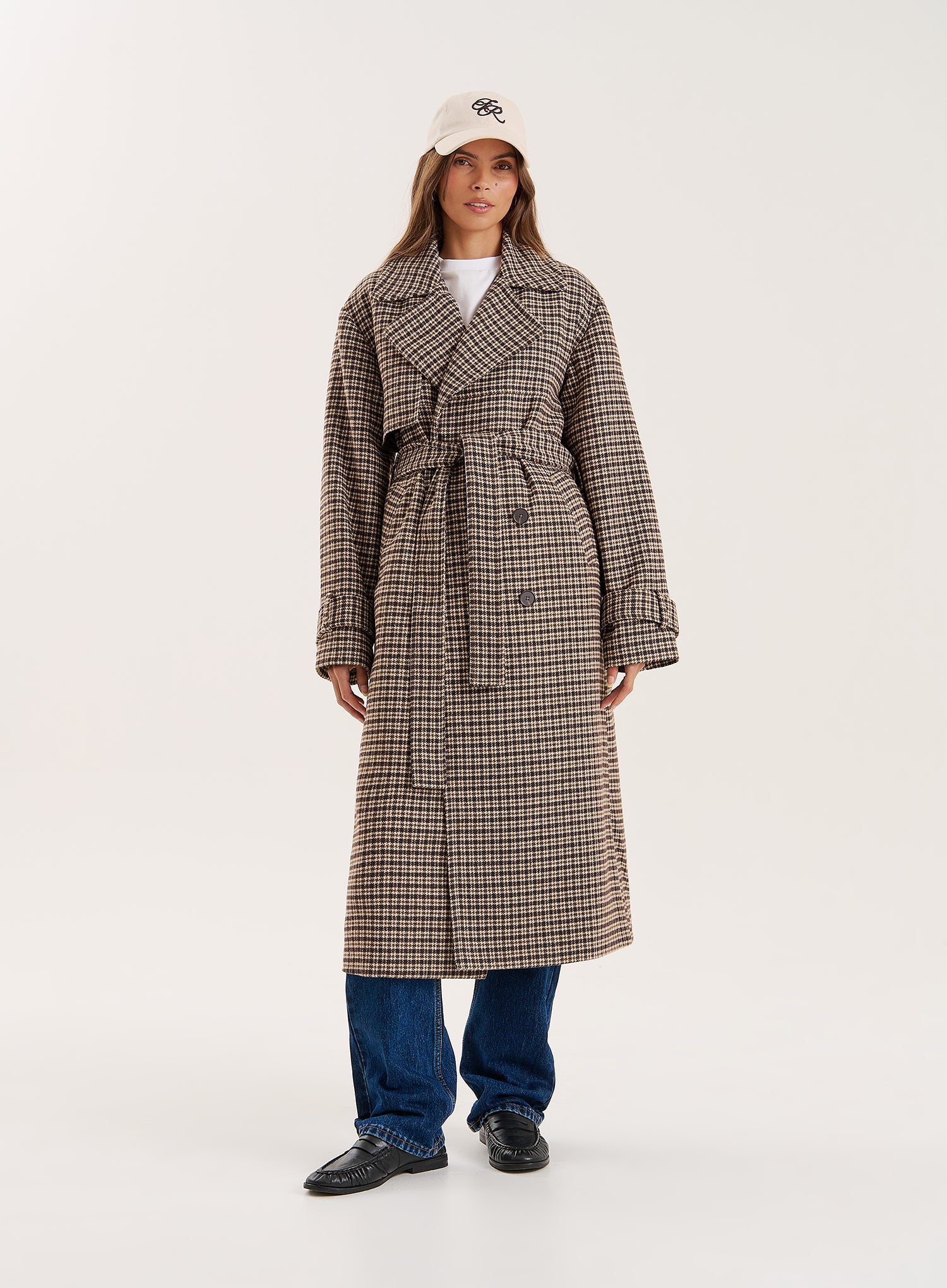 Brown Checked Belted Wool-Blend Trench Coat